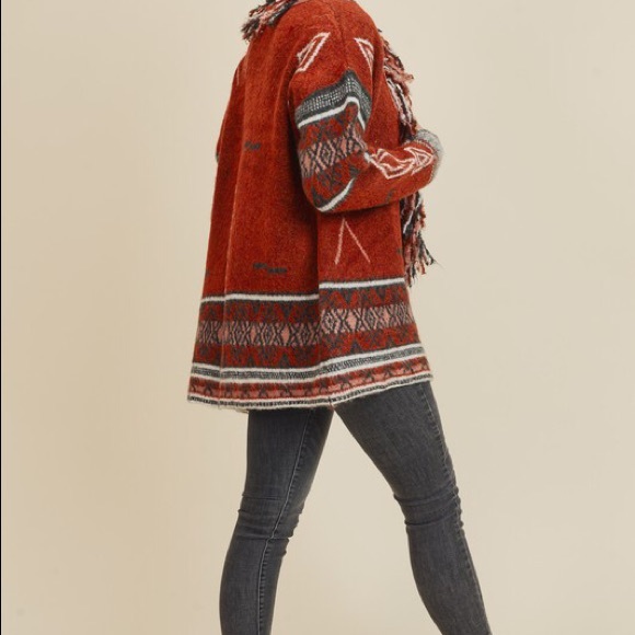 Tribal Print Sweater Cardigan Fringe Aztec Knit RUST - Picture 8 of 9